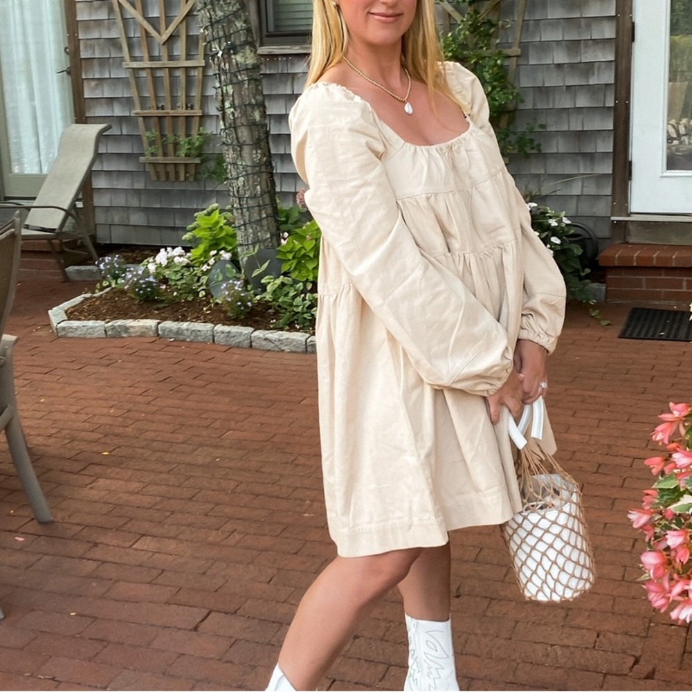 En Saison Tan Puff Sleeve Tiered Dress Women's Size Medium